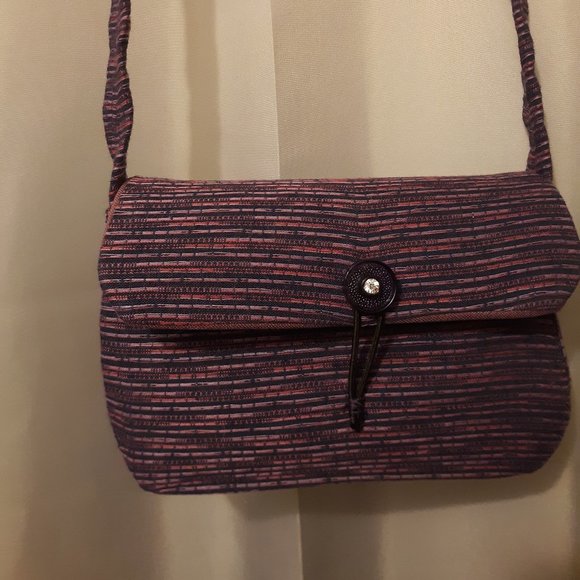 Tapestry fabric mini Purse shoulder bag Purple Pink striated 7x5x2" - Picture 3 of 10